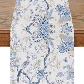 Snylcce Chinoiserie Table Runner 13 x 108 Inch Elegant Blue and White Bird and Flower Design Modern Geometric Linen Decor for Home, Dining and Special Occasions