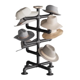 bimiti 4-Tier Industrial Hat Racks Metal Pipe Hat Display Stand with 8 Rustic Burnt Solid Wood Hats Caps Holders Hangers Free Standing Headwear Wig Rack Tabletop Cap Organizer for Hats or Wigs