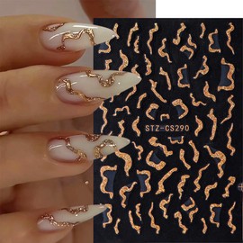 Gold French Tip Nail Stickers 6 Sheets 3D Self-Adhesive Bronzing Line Nail Art Stickers Glitter Nail Art Design Gold Silver Nail Decals for Women Girls Nail Decoration Kit