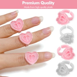 Lunhoo 200 Pcs Glue Rings for Eyelash Extension, Disposable Heart- Shaped Lash Glue Ring, Blossom Cup for Lash Techs, Brow Tattoo Artists, Beauty Salons, White and Pink