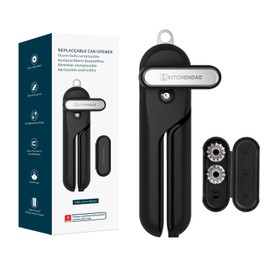 KITCHENDAO Replaceable Can Opener with 2 Extra Blades, Super Sharp Manual Can Opener with Magnet, Smooth Edge Cut Handheld Tin Opener, Large Turning Knob for Seniors & Arthritis, Black