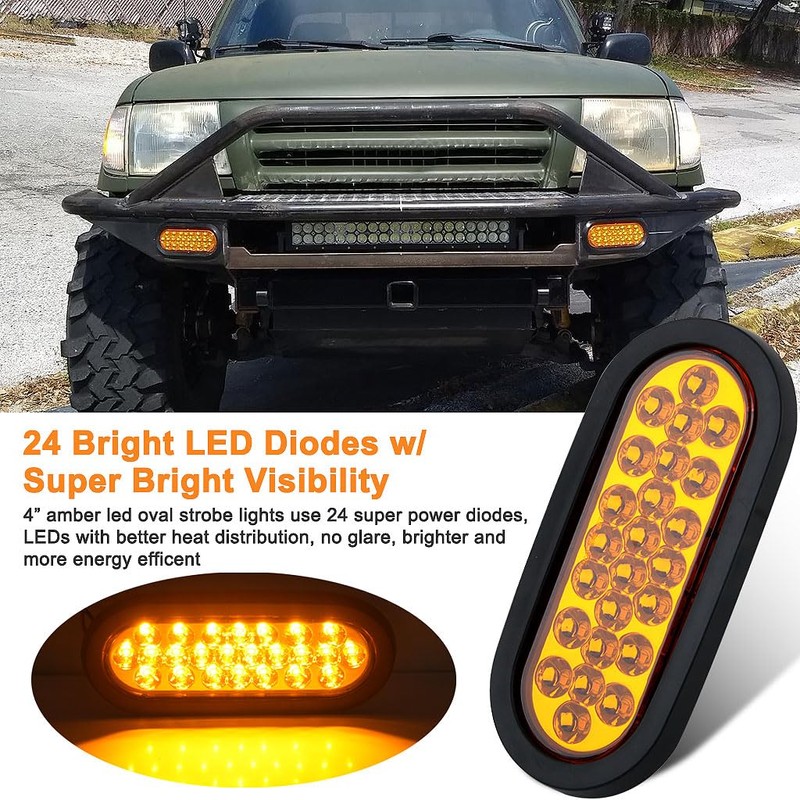 Partswcgg 4Pcs 6" Inch Oval Amber Led Strobe Lights 24LED
