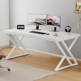 LVB Modern White Computer Desk, Long Industrial Home Office Desk for Student, Large Metal Wood Writing Study Work Desk, Farmhouse Executive Gaming Computer Table for Bedroom Living Room, White, 60 in