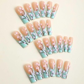 YoYoee Luxury French Press on Nails 3D Daisy Nails Tips Long Square False Nails Bling Acrylic Ballerina Fake Nails for Women and Girls 24PCS