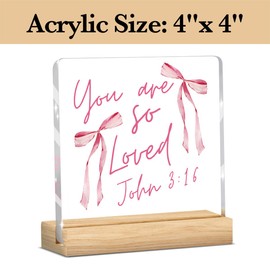 Pink Room Decor, Pink Bathroom Decoration, Christian Bible Verse Desk Decor, Christian Gifts for Women, Birthday Gifts for Women, Inspirational Bow Acrylic Office Decoration-You Are So Loved John 3:16