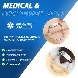 Uloveido Free Engraving Medical Alert Bracelet | Natural Stone Greek Cross First Responder Jewelry for Life-Saving | Stainless Steel DIY ID Tag Emergency Wristband for Men Women