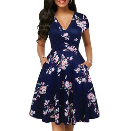oxiuly Women's Chic Cross V-Neck Cap Sleeve Casual Summer Dress with Pockets Floral Flare A Line Party Tea Dresses OX296 (M, NB PinkF)