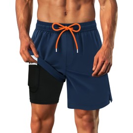 Mens Swim Trunks with Compression Liner Mens Bathing Suit 7 Inch Inseam Beach Shorts for Men Swim Shorts Men's Swimsuit Navy