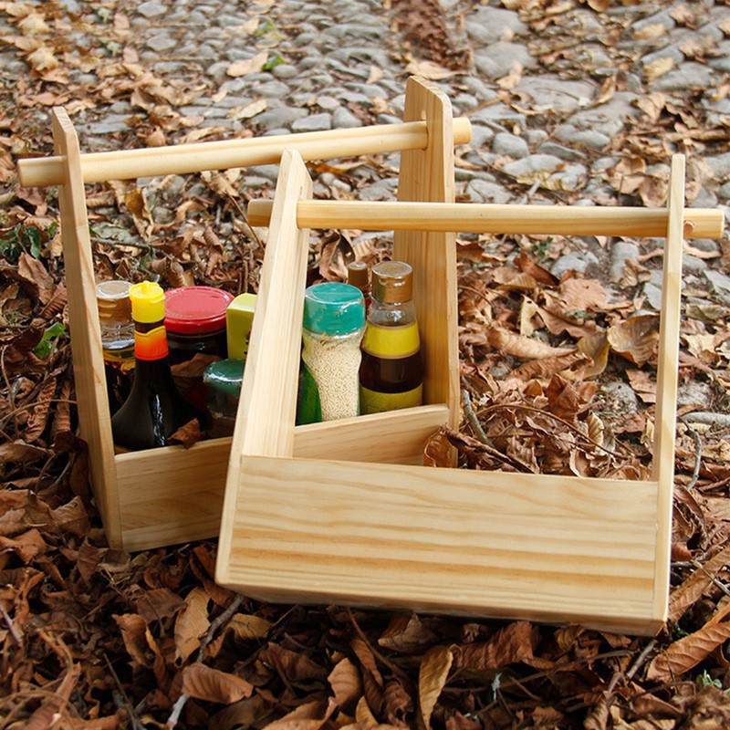 Outdoor Wood Seasoning Storage Basket with Handle Picnic Condiments BBQ