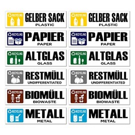 GamesMonkey® - Recycling Waste Recycling Bin Stickers for Bins - DE v1 - Washable Waterproof Illustrated - German English - Glossy Vinyl DH (25x8 cm, 12 Pieces)