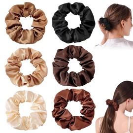 Pack of 6 Satin Hair Scrunchies for Women, Premium Velvet Hair Bobbles, Plain Elastic Thick Bands, Hair Scrunchies Soft Elastic Silk Skrunschis Large