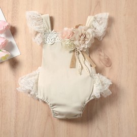 FYMNSI Newborn Baby Girl Lace Romper, Ruffle, Sleeveless Bodysuit, One-Piece Princess Bodysuit with Headband Set, khaki