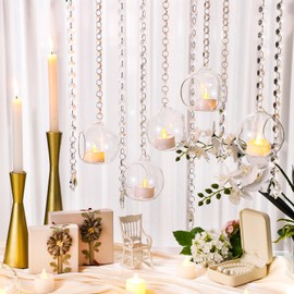 GlikCeil 56 Pcs 3.15'' Hanging Glass Tealight Holder with Clear K9 Crystal Garland Strands and Maple Leaf Pendants Globe Plant Terrariums Glass Orbs for Wedding Party and Valentine Decoration