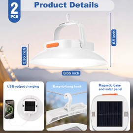 Grinsvalley 2Pcs Solar Tent Light 4500mAh Rechargeable 1700LM USB Camping Lighting with Magnetic Hanging Waterproof Portable LED Canopy Lantern 3 Lighting Modes for Emergency Power Outages(White)