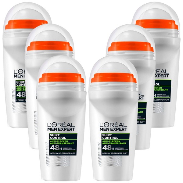 Loreal Men Expert Shirt Control anti Transpirant 48h Deo Roll on against Stains and Textilverhärtung, 6er Pack (6x50ml)
