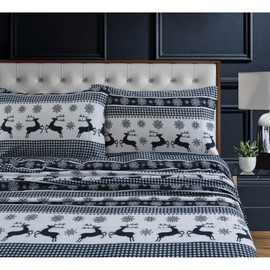 3 Pc Flannel Deep Pocket Sheet Set Country Style Animal Print King Navy Blue Bedding Set Luxurious Fine Fabric Sanforized Gingham Deer Small Check Snowflakes Printed Fully Elasticized Fitted Sheet Set