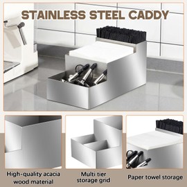 Mifoci 304 Stainless Steel Bar Caddy with 5 Compartments Silver Metal Bar Station Caddy Napkin Holder Organizer for Cafe Home Office Kitchen Countertop Satin Toothpicks Creamers
