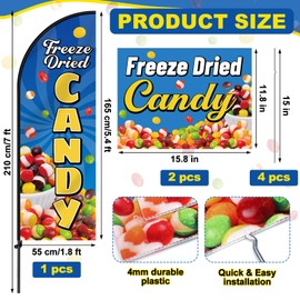 3 Pcs 7 ft Freeze Dried Candy Feather Flag Banner Set Freeze Dried Candy Advertising Swooper Flag with Pole and 2 Advertising Yard Sign Banners with Ground Stake for Store Business Outside