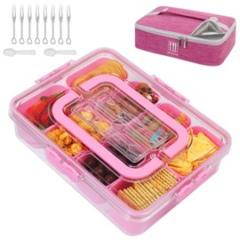 WETRBWEH Snack Box Container with Insulated Cooler Bag, Divided Serving Tray with Lid and Handle Beach Essentials, Snackle Box Veggie Fruit Tray with 8 Compartments & 8 Forks & 2 Spoon Pink