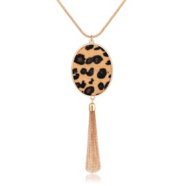 Long Necklaces For Women Statement Leopard Snakeskin Fur Pattern Necklace Oval Leather Pendant Necklaces Jewelry (Fur-Leopard)