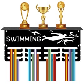 CREATCABIN Swimming Medal Holder Trophy Shelf Medal Hangers Display with Shelf Stand Small Sports 4 Rows Wall Mount Hold 70+ Medals for Men Swimmer Swim Competition Ribbon Medals Rack 11.4x5.1 Inch