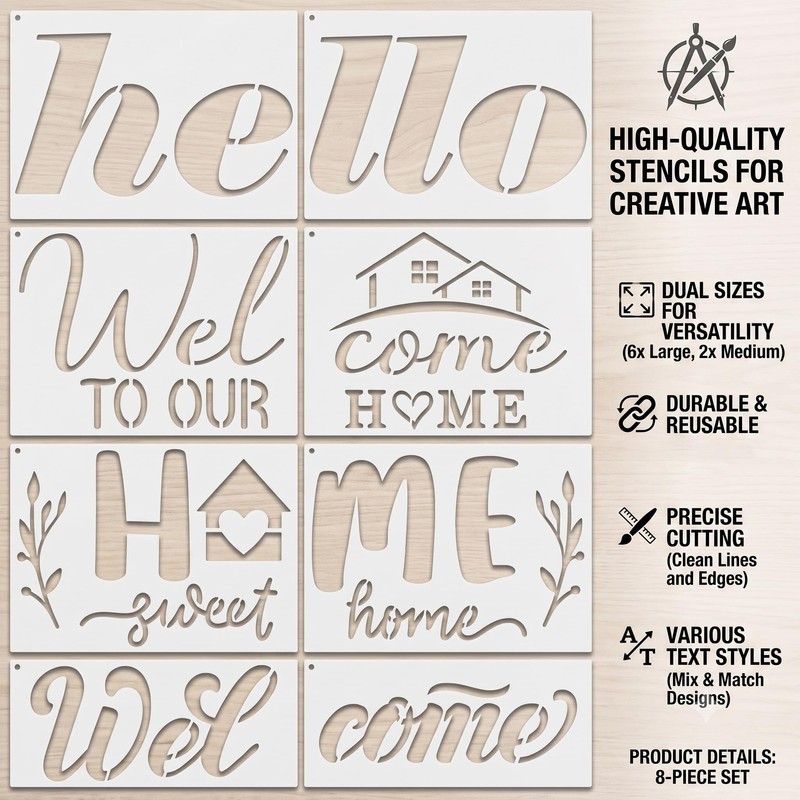 Welcome Home Stencils 8 Pack, 13.4"x6" Reusable Welcome Stencils for