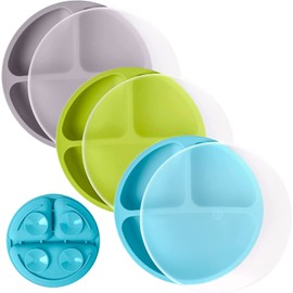 U Chef Juego de 3 Platos para Bebés 100% Silicona y Antiderrapantes con Tapas y Divisiones de Grado Alimenticio, sin BPA, Aptos para Microondas y Lavavajillas (azul, gris y verde)