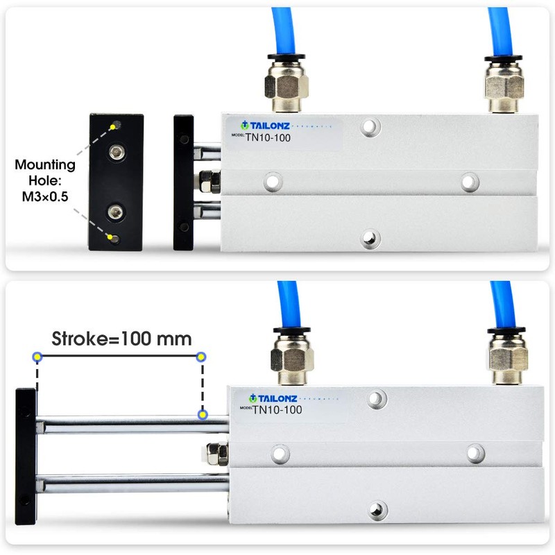 TAILONZ PNEUMATIC 10mm Bore 100mm Stroke Double-Rod Double-Acting Aluminum Pneumatic