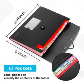 13 Pocket Expanding File Folder Accordian File Organizer, A4 Letter Size Paper Document Receipt Holder for School Office Supplies, Black