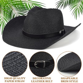 EINSKEY Straw Cowboy Cowgirl Hat for Men Women, Adjustable Sombrero Sun Hat with Shapeable Wide Brim & Detachable Chin Strap Black
