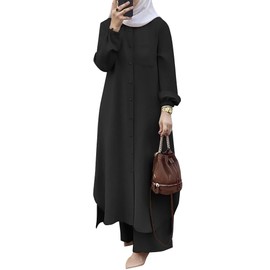Muslim Women's Long Top Dress Wide Leg Pants Loose Women Modest Islamic Dubai Dress Kaftan Abayas Button Down Shirt Islamic Abaya Casual Prayer Clothes Khimar Middle East Outfits Eid Sets Black S