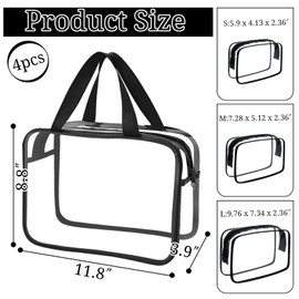 YOQIVEXU 4 Packs Large Clear Makeup Bag, Waterproof Clear Comestic Toiletry Organizer Bags with Handle, Reusable PVC Storage Bags with Zipper for Travel (4, Black)