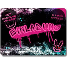 celebr8te 12 x Graffiti Invitation Cards – For Girls' Children's Birthday – Pink Neon Graffiti Birthday Invitations Including Messenger Picture & Holiday Voucher