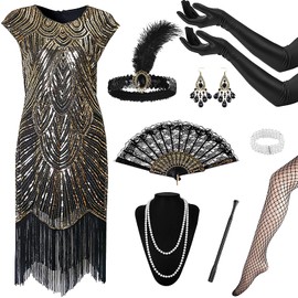 12Pcs 1920s Flapper Great Gatsby Accessories Set,Roaring 20's Theme Set with Sequin Fringed Dress Headband Gloves Necklace Handheld Prop,1920s Flapper Costume Vintage Accessories for Women Ladies