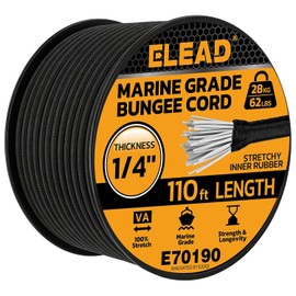 Heavy Duty Bungee Cord Roll, 1/4" x 110ft Marine Grade Outdoor Bungee Cords, Black Super Elastic Shock Cords, Long Cord for Cargo, Camping, Bike Racks, Tents