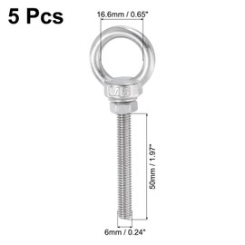 sourcing map Threaded Eye Bolts, 5Set M6x50mm - 304 Stainless Steel Eye Bolts with Nuts Washers, Marine Grade Machinery Shoulder Lifting Ring Eye Bolt (Silver)