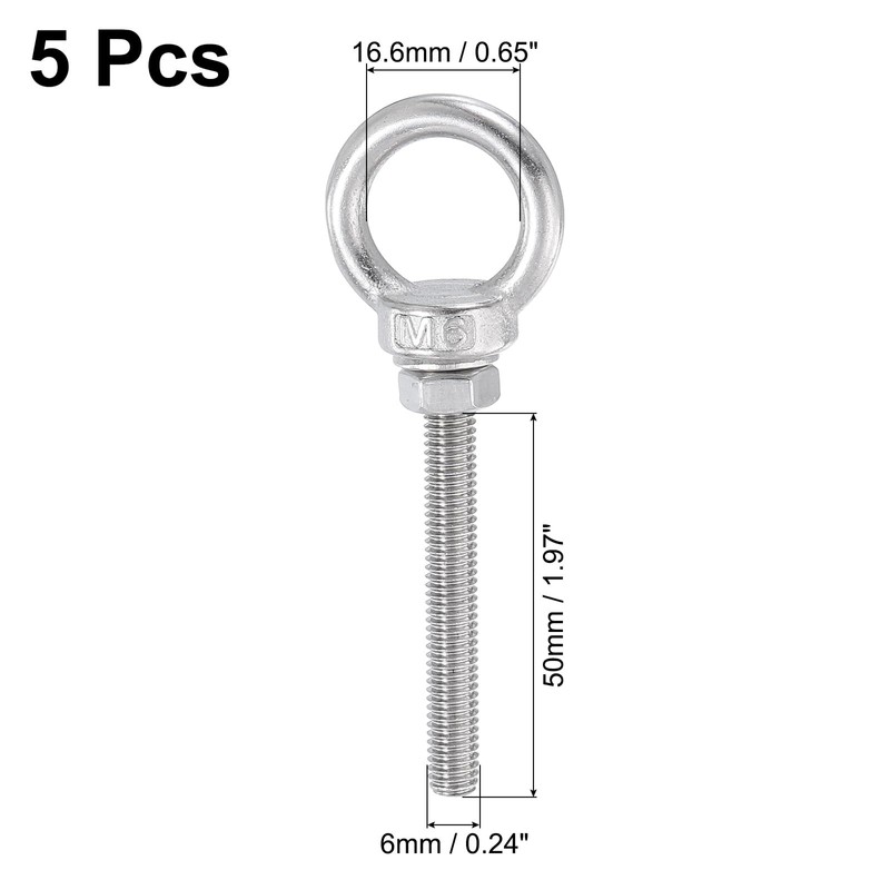 sourcing map Threaded Eye Bolts, 5Set M6x50mm - 304 Stainless