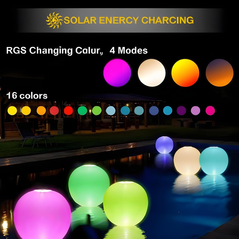 SEMANJLL 4PCS Solar Powered Floating Pool Lights,14" Inflatable LED Glow