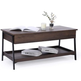 Caffoz Home Lift Top Coffee Table Center Table, 2-Tier Wood Accent Cocktail Table with Hidden Storage for Living Room, Smoky Oak