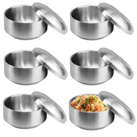 GSYUWIH 6 Pcs Stainless Steel Rice Bowl with Lid Korean Kitchenware Large Insulated Bowl Multifunctional Soup Bowls Snacks Bowls for Keeping Food Warm Snacks Lunch Box Parties（5.11in Silver