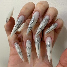 ANDGING White Press on Nails Stiletto Long Fake Nails Glue on Nails with Silver Curved Line Design Acrylic False Nails for Wedding Birthday Manicure Gel Women Stick on Nails with Glue 24Pcs HKU687