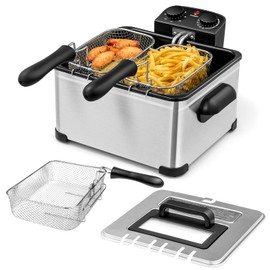 ORALNER Deep Fryer with Basket, Electric Deep Fryer w/View Window, 3 Frying Baskets, Cool Touch Handle, 21-Cup/5.3Qt Oil Fryer w/Timer, Adjustable Temperature, Home Deep Fat Fryers, Silver (5.3 QT)