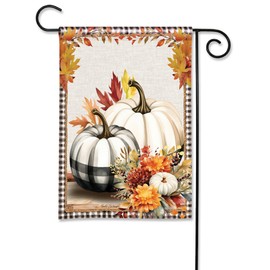 Studio M Double Sided Fall Autumn Outdoor Flag for Landscaping, Gardens, and Yards, Standard 13 x 18 Inch Fade Resistant Solar Silk Polyester Orange Black and White Plaid Harvest Pumpkins