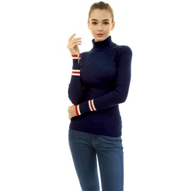 AmélieBoutik Women Long Sleeve Striped Split Cuff Turtleneck Ribbed Pullover Sweater (Navy Blue X-Large)