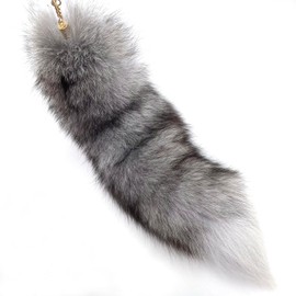 LAIDIC Therian fox tail keychain Fluffy foxfur tail backpack tassel bag handbag accessories hook pendant Cosplay toy photo (Silver Blue Fox)