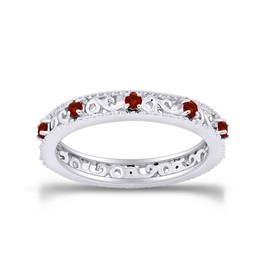 Jewel Zone US Round Cut Simulated Red Garnet 3.25 MM Stackable Ring in 14K White Gold Over Sterling Silver