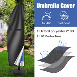 Teynewer Parasol Cover Waterproof, Cantilever Parasol Protective Cover with Telescopic Pole and Zipper Fit for 1 to 3 m Large Umbrella Patio Parasol Weatherproof UV-Anti Windproof (205x25x57/48cm)