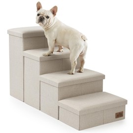Dog Stairs with Storage, 4-Step Wider Sturdy Dog Steps for Small/Medium/Large Dogs and Older Cats, Folding Doggie Ramp for Bed/Couch/Car Hold Up to 180 lbs (22" H, Beige)