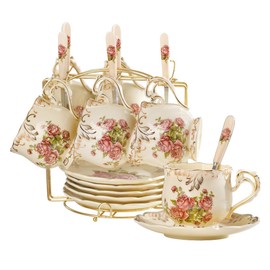 YOLIFE Ivory Pink Rose Tea Cups and Saucers Set of 6, 8 oz Vintage Floral Porcelain Tea Cups Set, Coffee Cups with Golden Rack