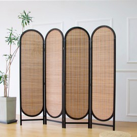 Furnnylane 4 Panel Room Divider Screen and Folding Panel Divider in Arch Shape,Double Sided Bamboo Panel Screen for Room Separation,Brown,70.9" H x 70.9" W